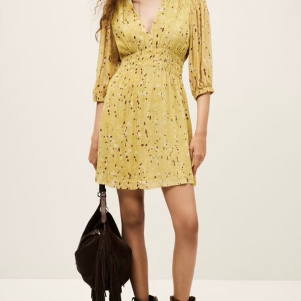 ba&sh Yellow Floral V-Neck Smocked Mini Dress